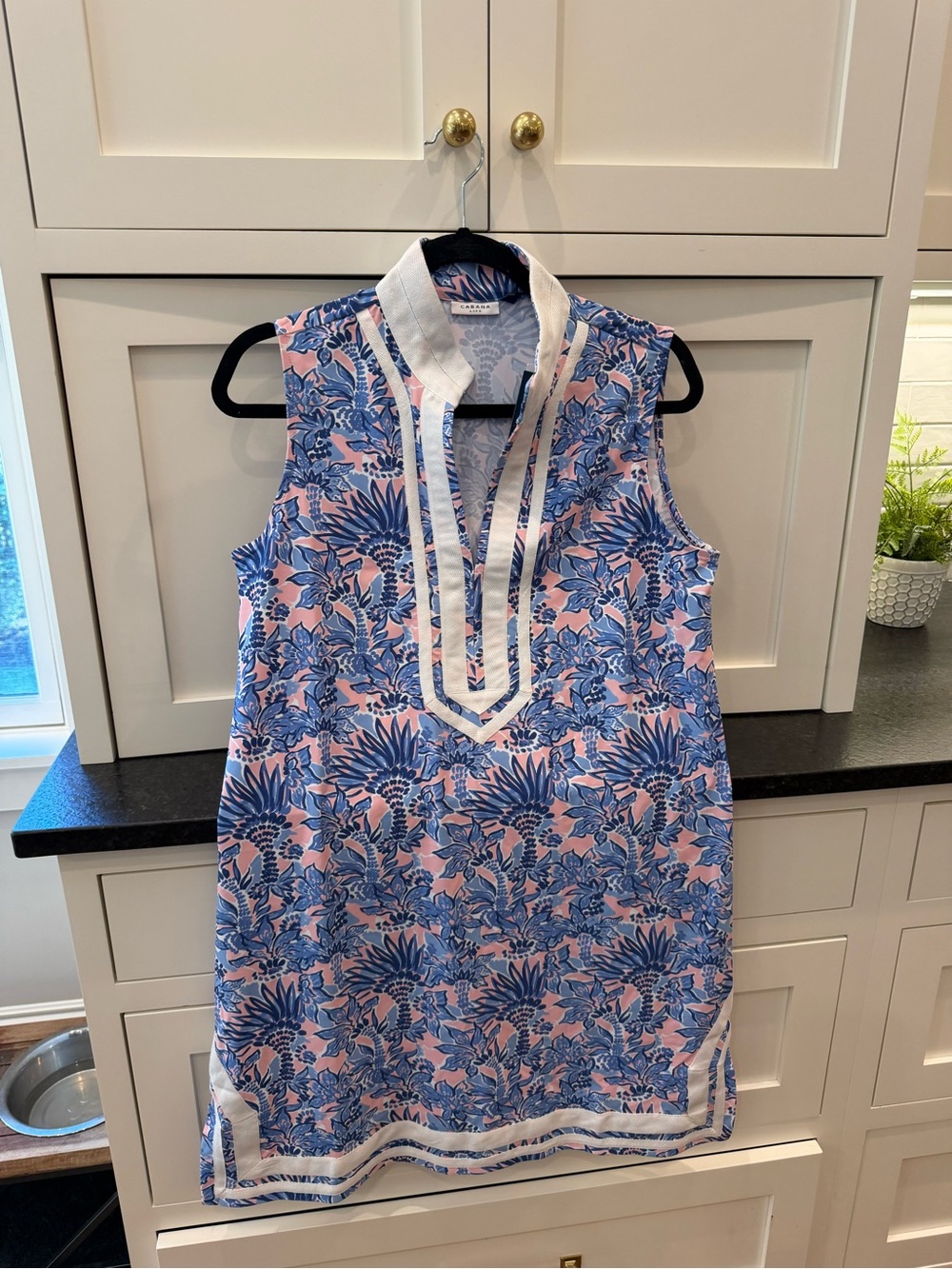 Cabana Life Pink & Blue Sleeveless Floral Tunic Dress with White Trim